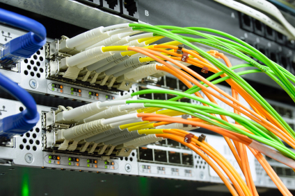 Picture of optical cables pluged in network server